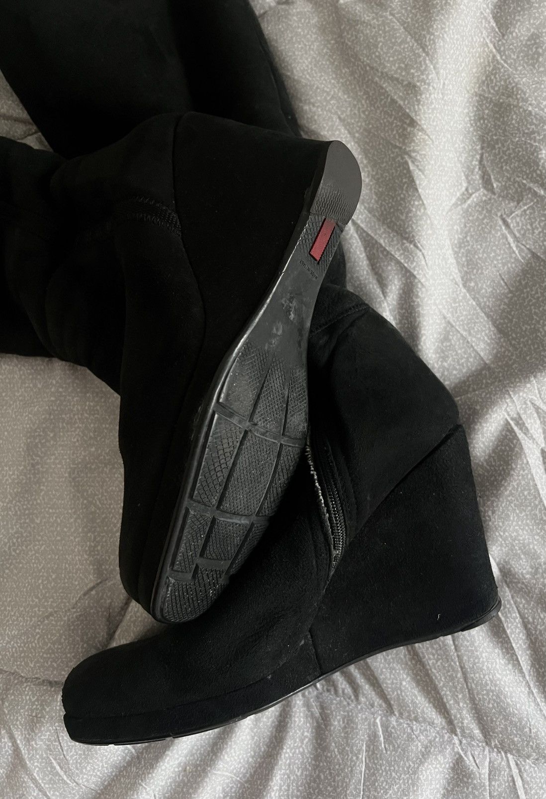 Prada Prada Black Suede Fur-Lined Knee High Wedge Boots Size US 7 / IT 37 - 3 Thumbnail