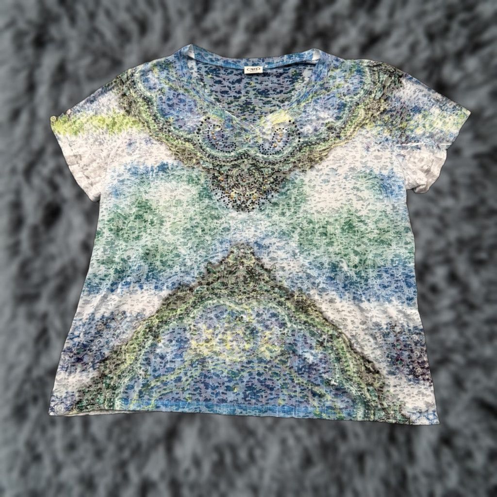 Vintage Cato Top Women 18 Plus Boho Rhinestones Embellished Tie Dye Flowy Ethereal Artsy Blouse Shirt Short Sleeve Round Neck Pullover Casual Size XXL / US 16-18 / IT 52-54 - 1 Thumbnail