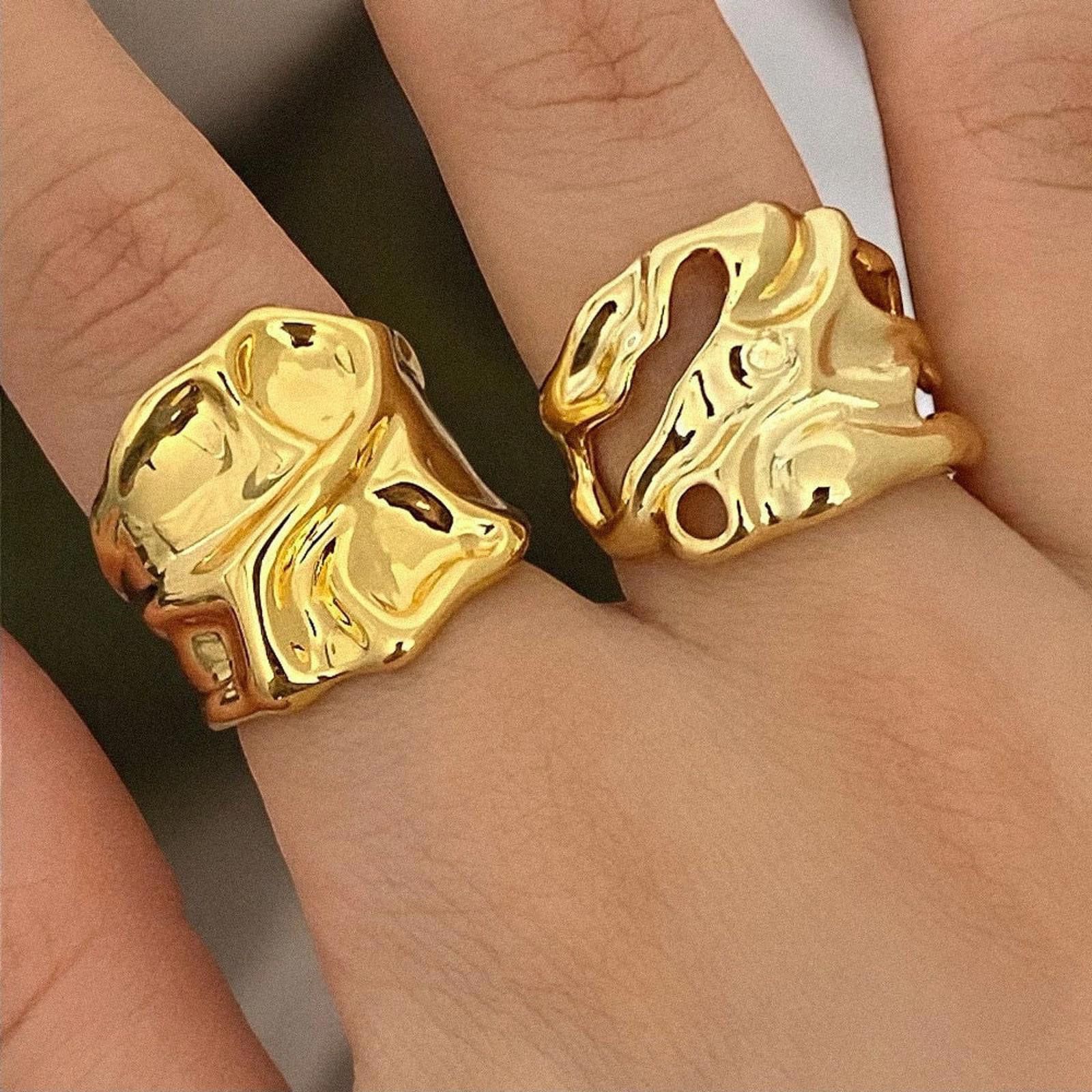 Jewelry Chunky Melted Gold Ring, Irregular Tarnish Ring Size ONE SIZE - 2 Thumbnail