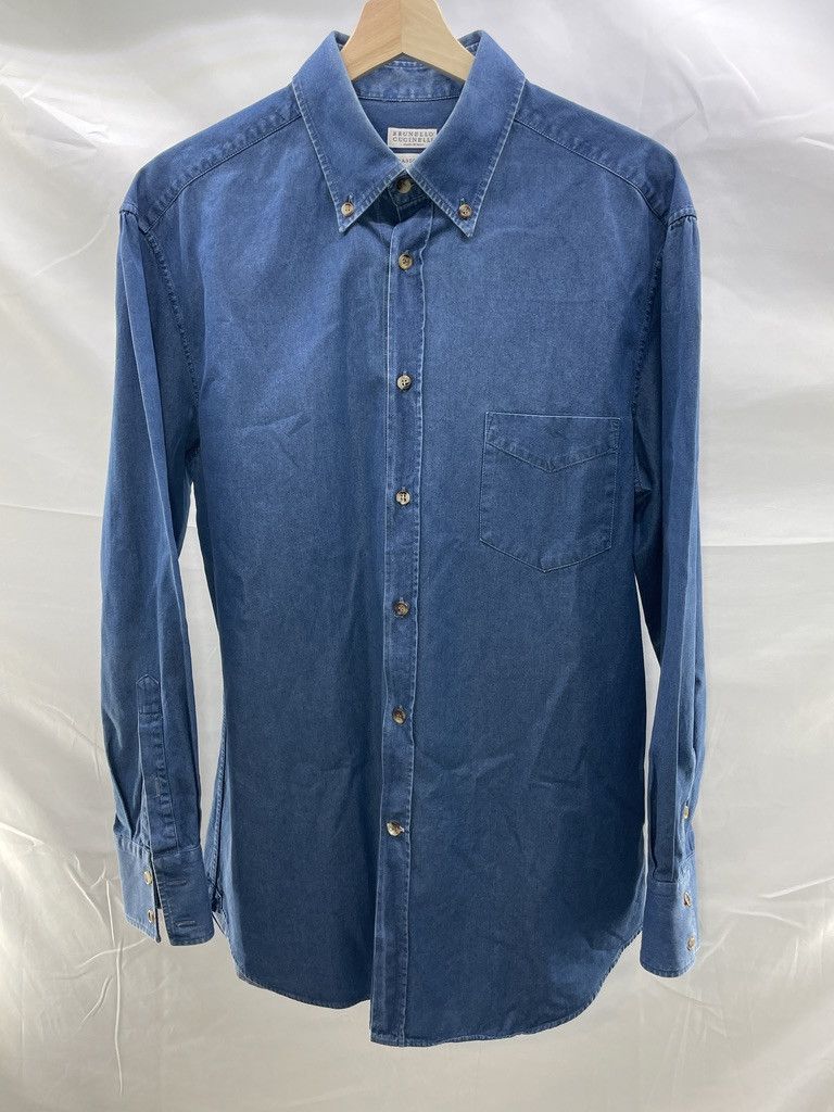 Brunello Cucinelli BRUNELLO CUCINELLI Basic Fit Distressed Denim Cotton Shirt Size US L / EU 52-54 / 3 - 1 Thumbnail