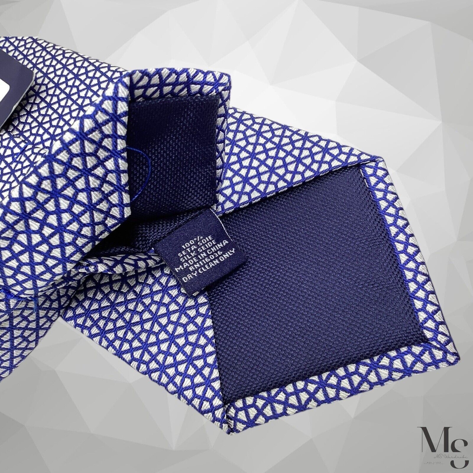 Charles Tyrwhitt CHARLES TYRWHITT Royal & White Geometric Lattice Silk Tie W: Size ONE SIZE - 5 Thumbnail