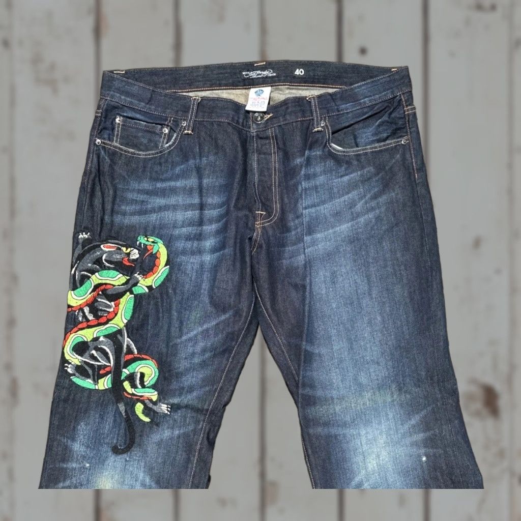 Ed Hardy VINTAGE Ed Hardy Denim Blue Jeans Mens 40x34 Embroidered Snake Tiger Tattoo Art Hipster Straight 2007 Size US 40 / EU 56 - 1 Thumbnail