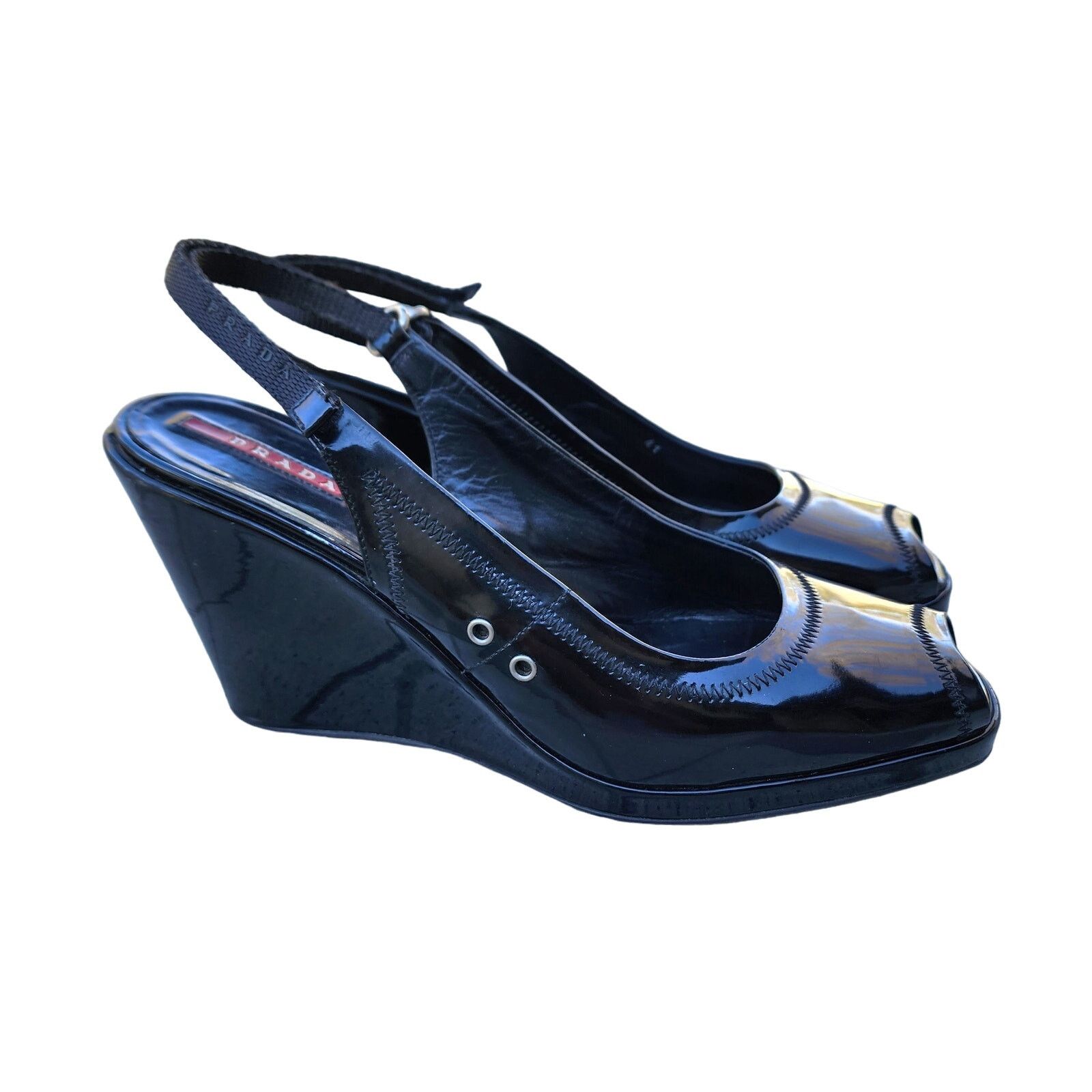 Prada Prada Black Sport Patent Leather Peep Toe Slingback Heels 41 Size US 10.5 / IT 40.5 - 2 Thumbnail