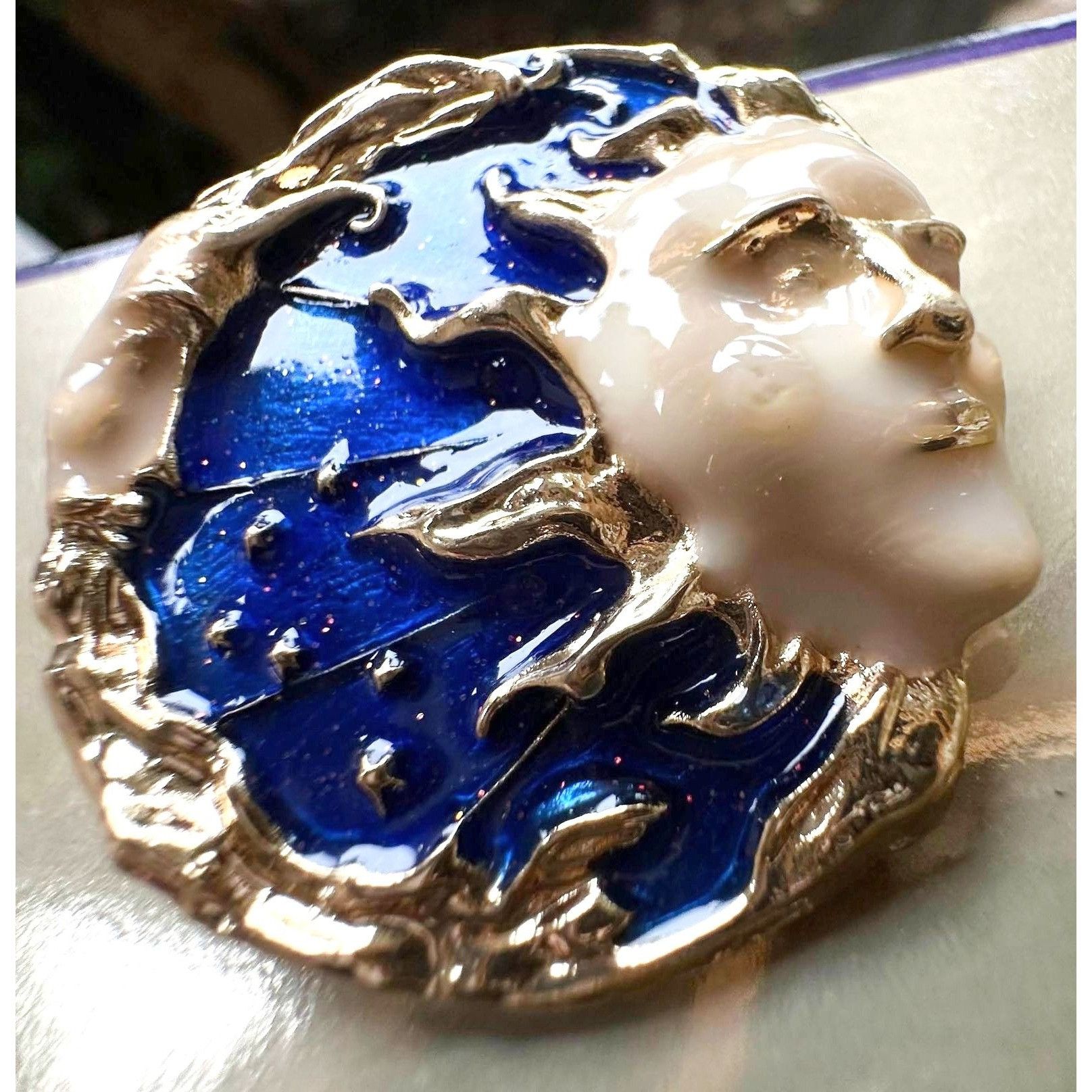 Handmade Celestial Moon Sun Brooch Pin New Gold Navy Yours is the Lig Size ONE SIZE - 4 Thumbnail