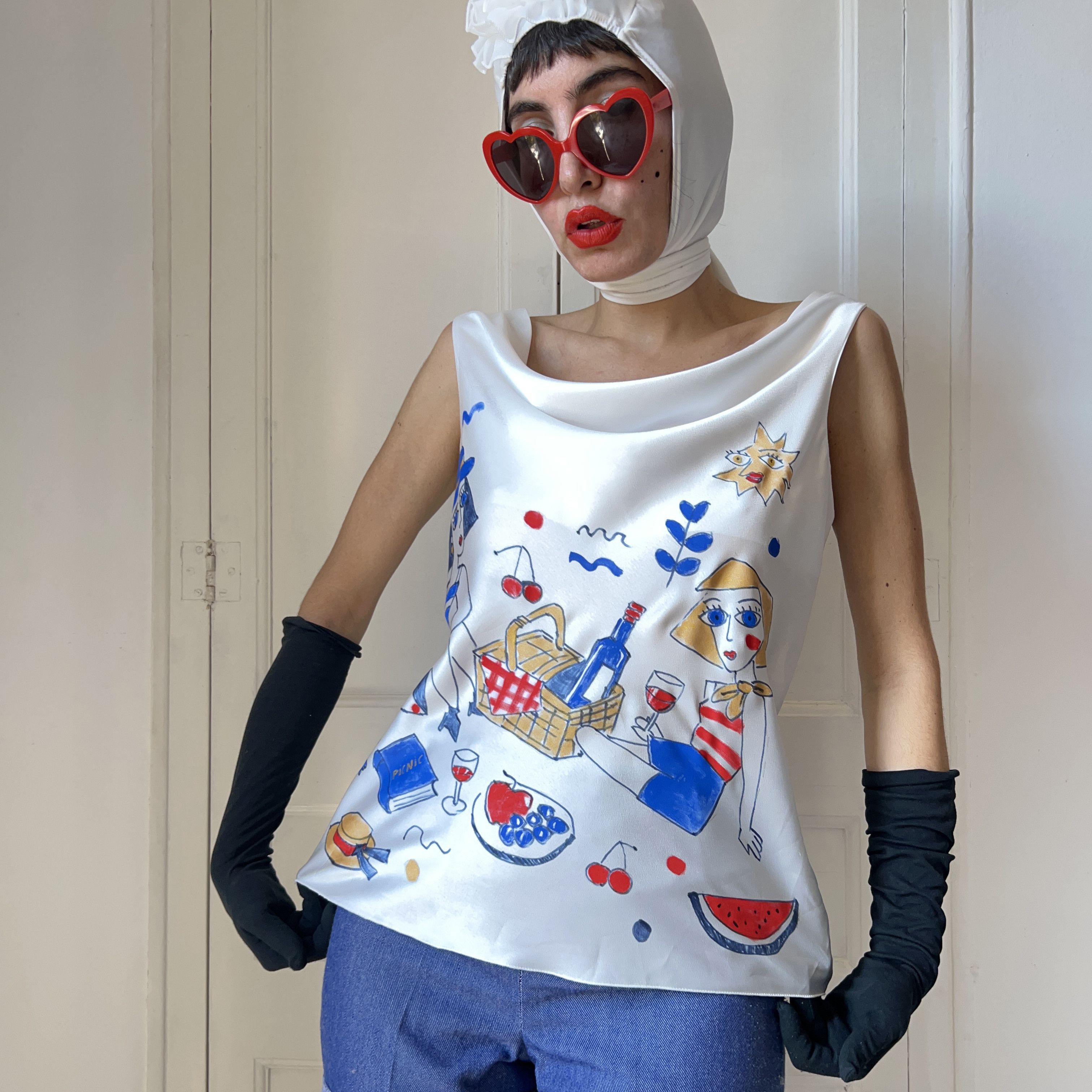 Custommade Hand Painted Picnic Satin Wearable Art Tank Top Size M / US 6-8 / IT 42-44 - 7 Thumbnail