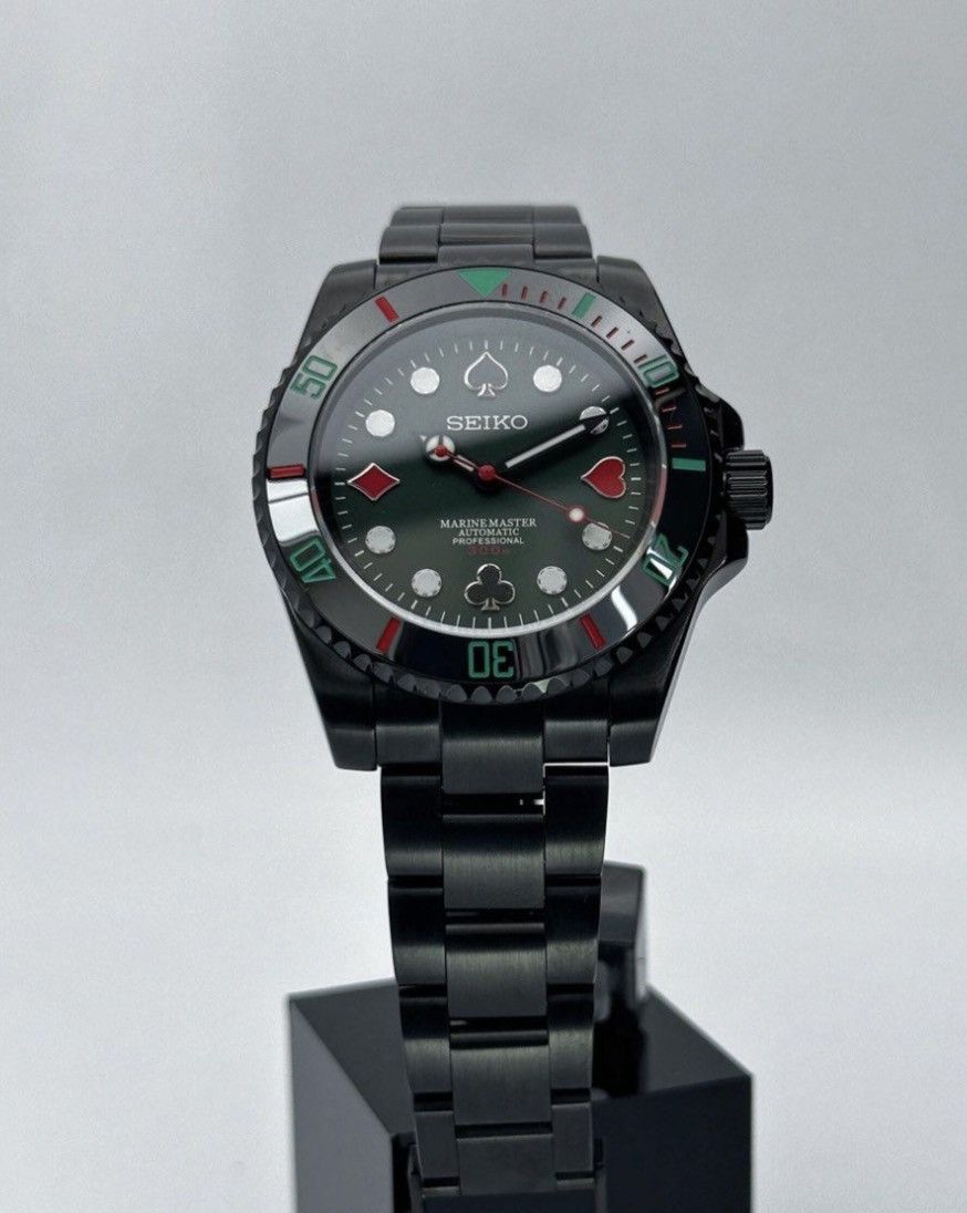 Seiko Mod Submariner No Date Poker Dial Black Steel Watch