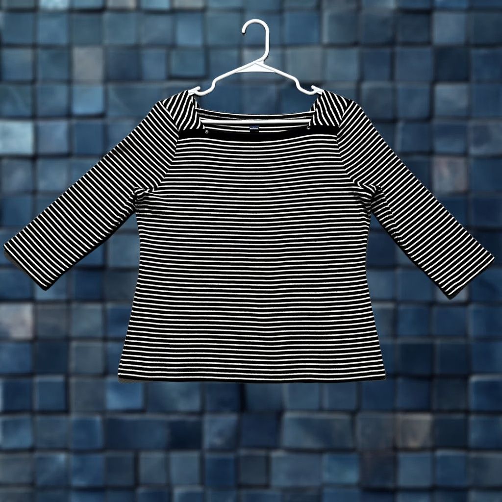 Vintage American Living Shirt Womens Large Black/Ivory Striped Square Neck 3/4 Sleeve Size L / US 10 / IT 46 - 1 Thumbnail