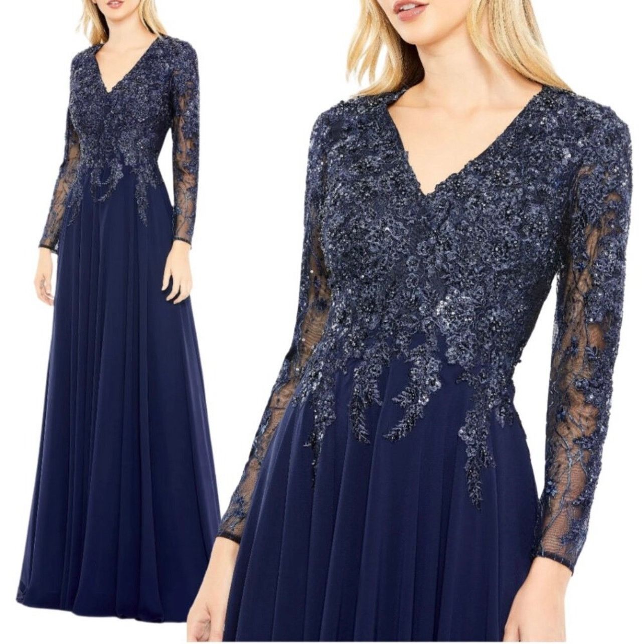 MACH & MACH Mac Duggal 20388 Size 12 Navy Blue Long Sleeve Maxi Dress UB Size XL / US 12-14 / IT 48-50 - 1 Thumbnail
