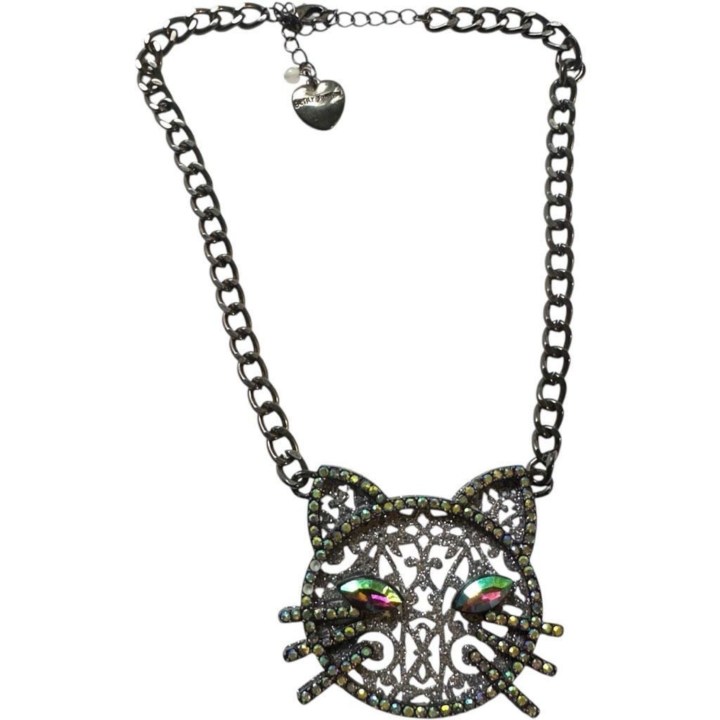 Betsey Johnson BETSY JOHNSON Jewelry Dark Magic Green Blue Eye Black Cat Rhinestone Glitter Sparkly Necklace Size ONE SIZE - 2 Thumbnail