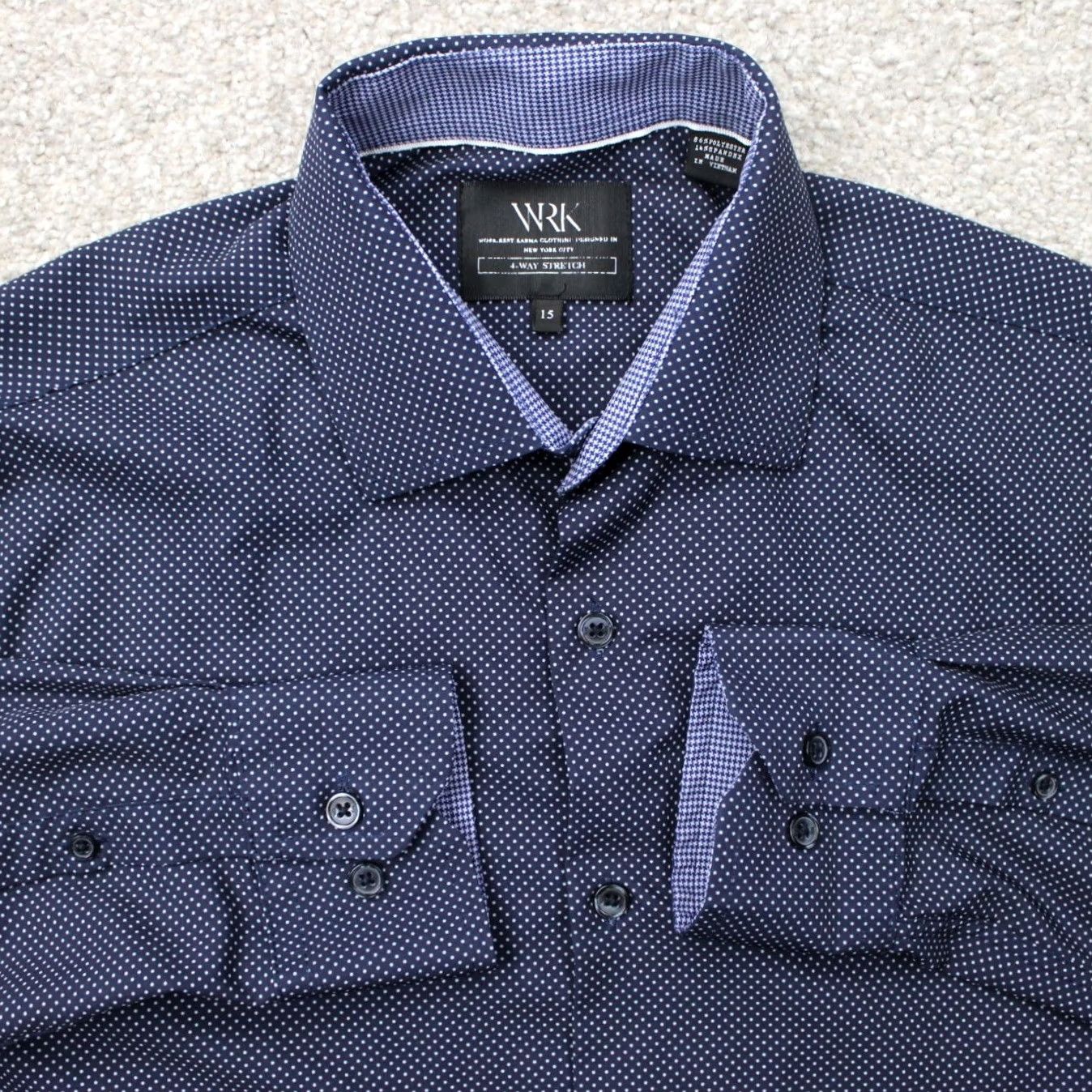 Vintage WRK Dress Shirt Men 15 Blue Geometric 4-Way Stretch Polyester Stretch L/S Button Shirt Mens Blue Geometric 4-Way Stretch Dress Shirt Size 40R - 2 Thumbnail
