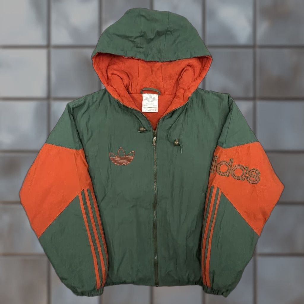 VINTAGE adidas Jacket Mens M Green Orange Hooded Full Zip Trefoil Lined 80s