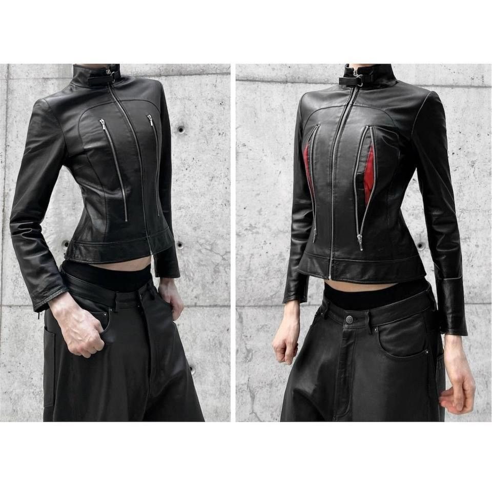 Vintage Avant-Garde biker leather jacket with red zippers details Size M / US 6-8 / IT 42-44 - 1 Thumbnail