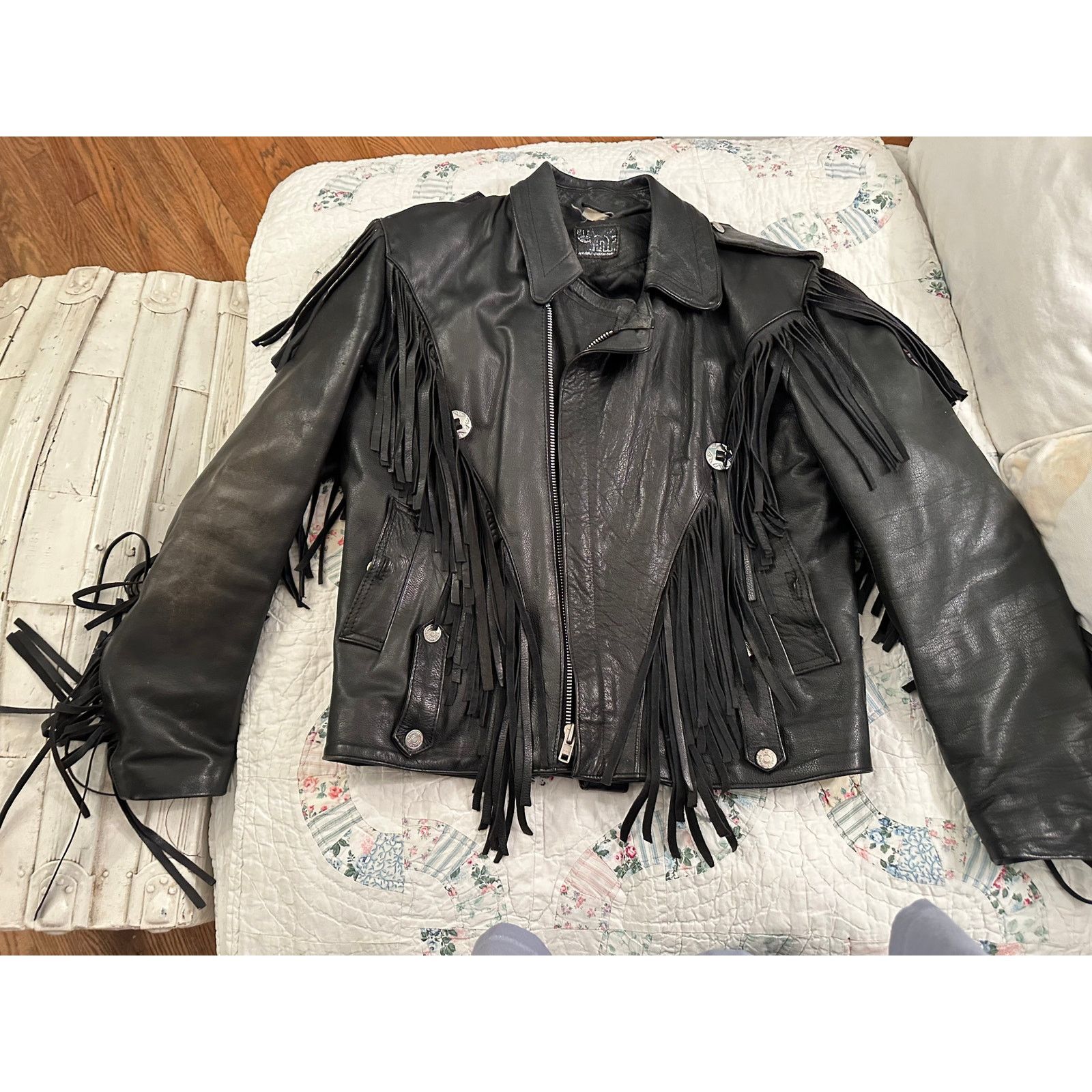 Vintage 80s HEAVY FRINGED LEATHER BIKER MOTO JACKET QUILTED LINING Size ONE SIZE - 4 Thumbnail