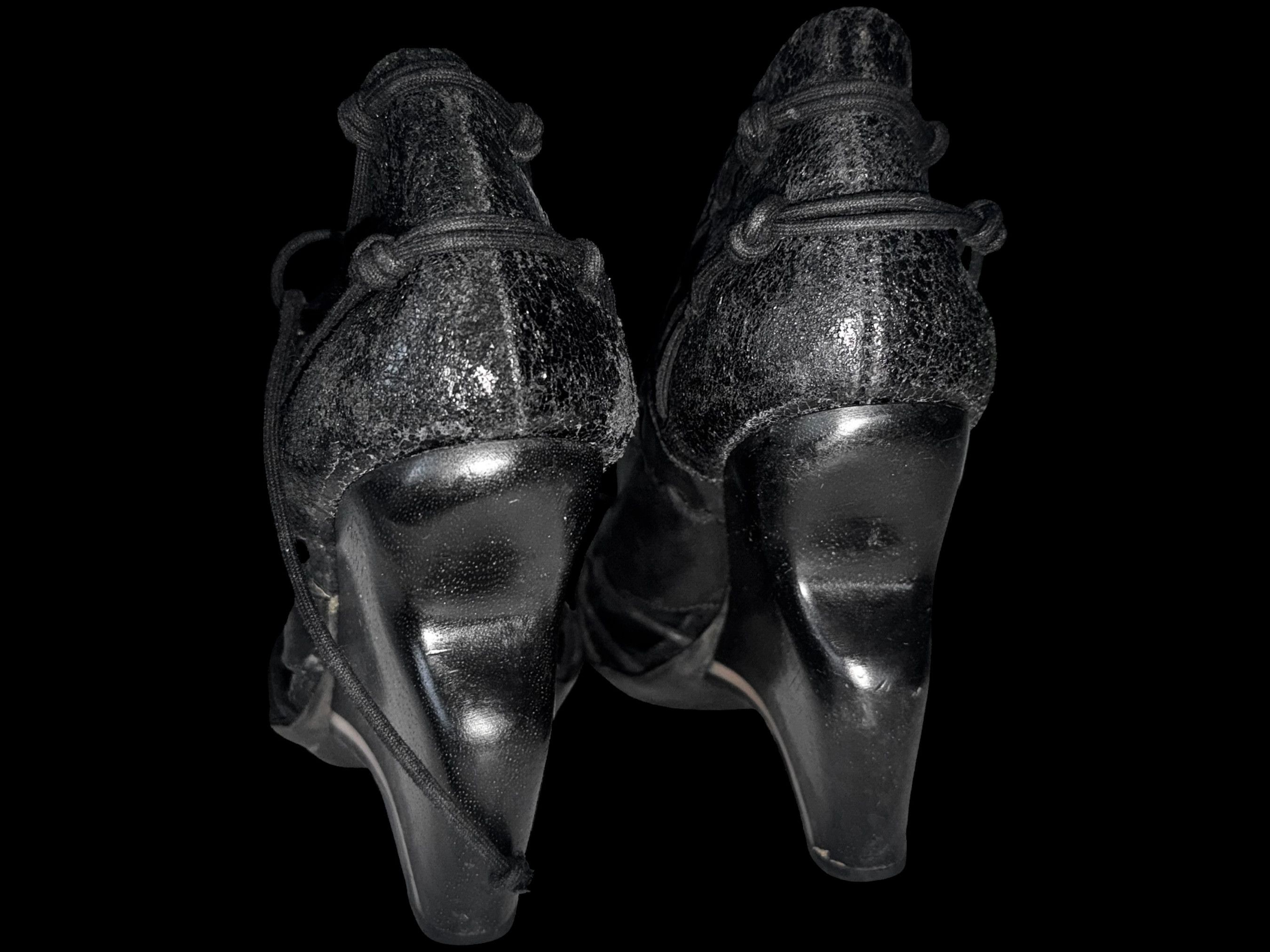 Allsaints AllSaints Gothic Avant Garde Black Leather Wedge Sandals Size US 8 / IT 38 - 4 Thumbnail