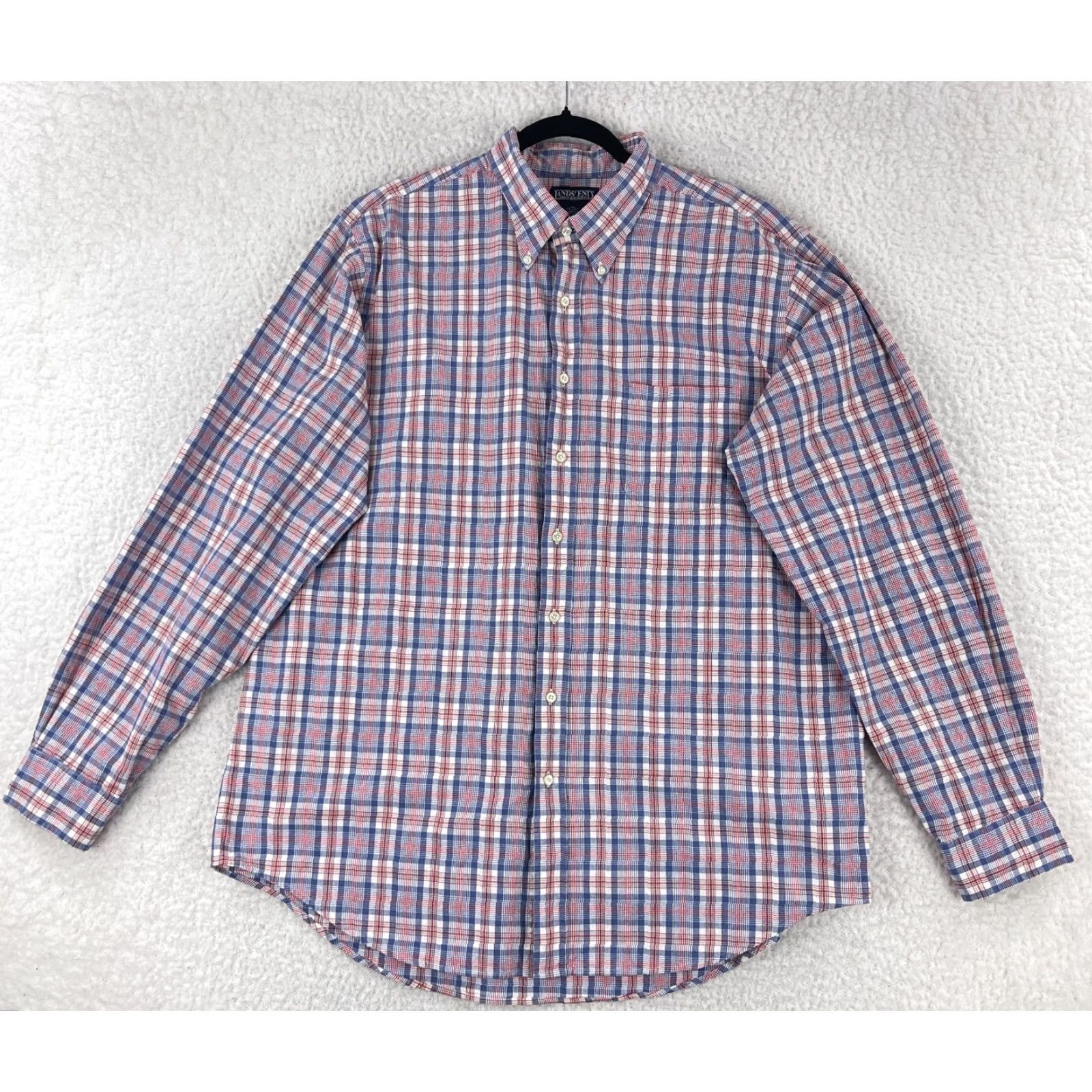 Lands' End VINTAGE Lands' End Button-Down Dress Shirt Mens XL Red Blue Plaid Long Sleeve Size 46R - 2 Thumbnail