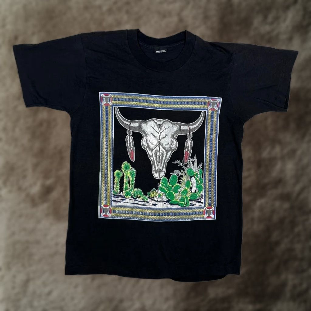 Vintage Vintage Screen Stars T-Shirt Men's Western Bull Skull Desert Graphic Print Crew Neck Short Sleeve Black Size S/M Size US S / EU 44-46 / 1 - 1 Thumbnail