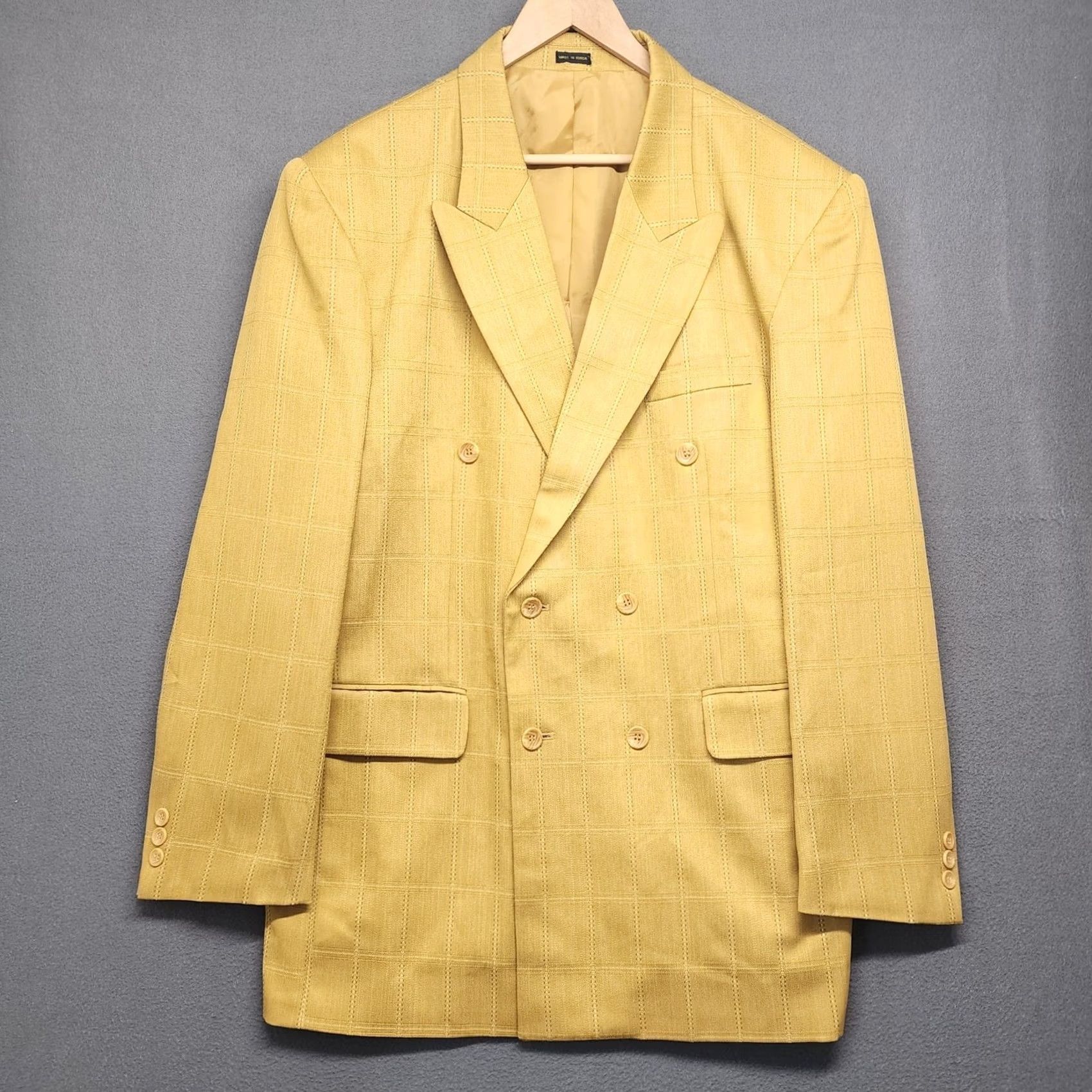 Doublet Gianni Vironi Mens Yellow Suit 2 Piece Windowpane Double Breasted Pleated Cuffed 42L 33W Men Size 42R - 4 Thumbnail
