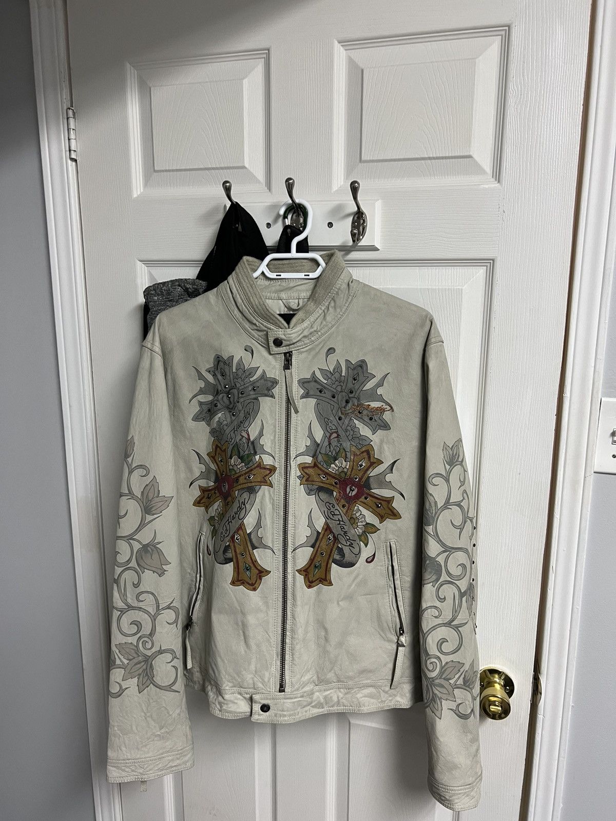 Christian Audigier × Ed Hardy Ed Hardy x Christine Audigier Leather Jacket Off White Size US XL / EU 56 / 4 - 7 Thumbnail