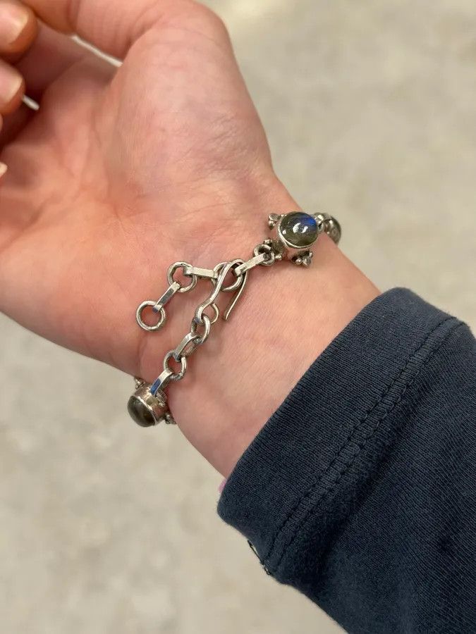 Vintage 1990s Silver & Labradorite Contemporary Relief Bracelet Size ONE SIZE - 4 Thumbnail
