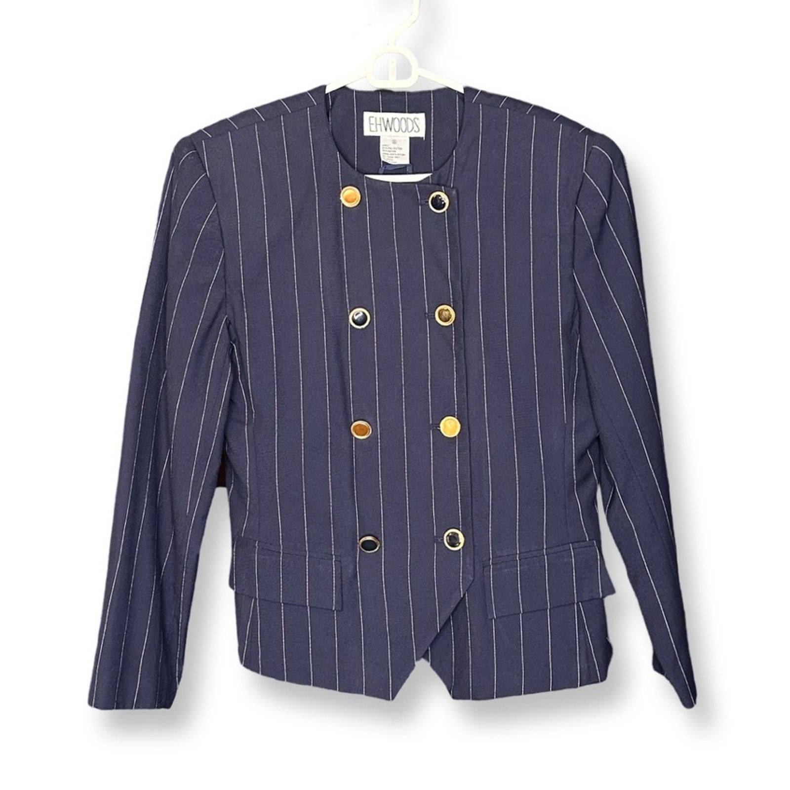 Evan Picone Navy Pinstripe Double-Breasted Blazer Suit Set Size L / US 10 / IT 46 - 3 Thumbnail