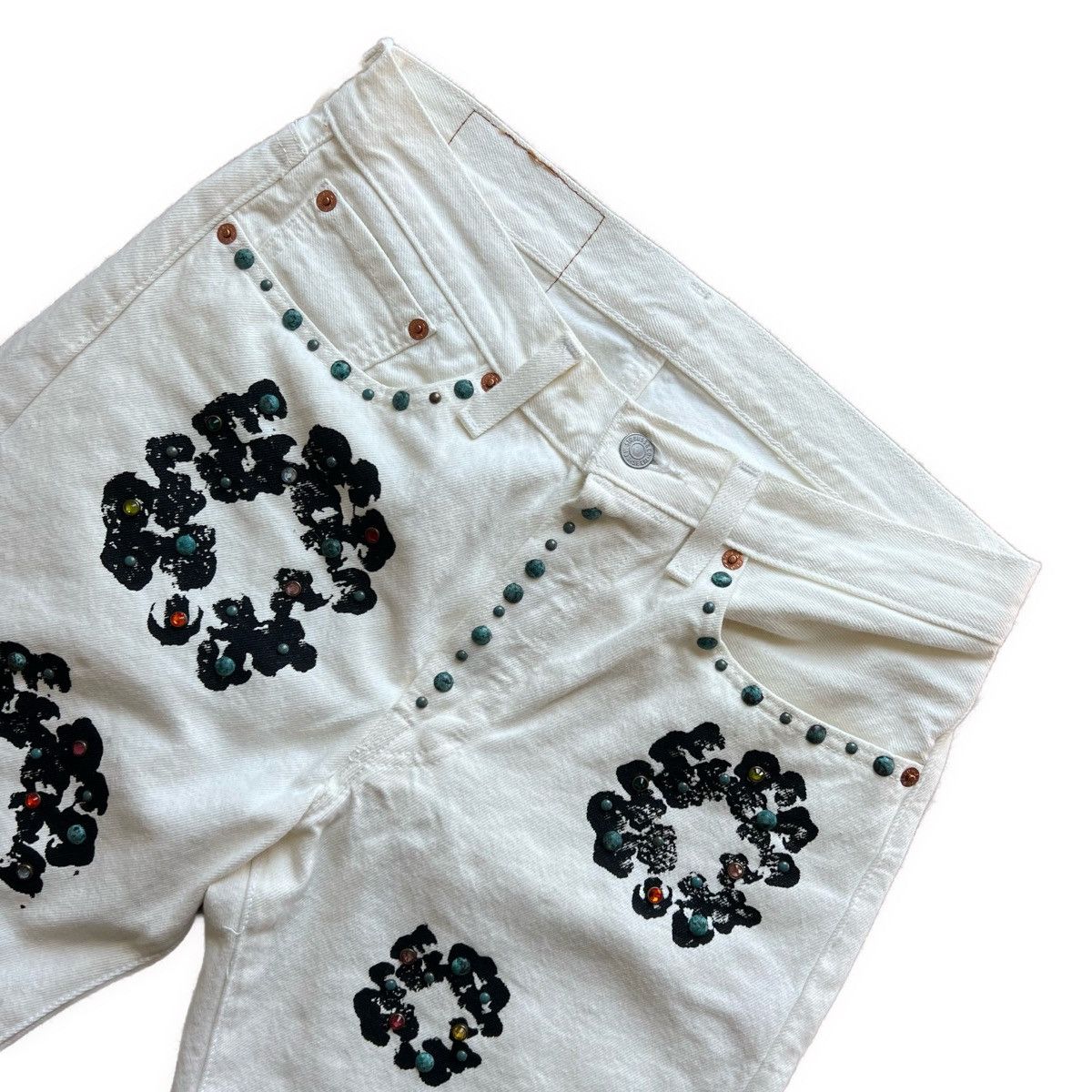 DENIM TEARS Rhinestone Cotton Wreath Jeans in White Size US 30 / EU 46 - 3 Thumbnail
