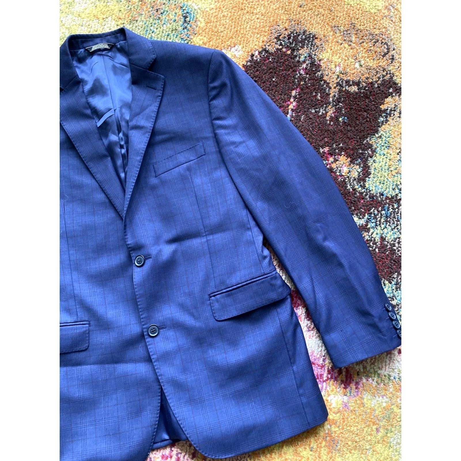 Saks Fifth Avenue Saks Fifth Avenue Blazer Mens 40R Navy Blue Plaid Wool Sports Jacket Size 40R - 3 Thumbnail