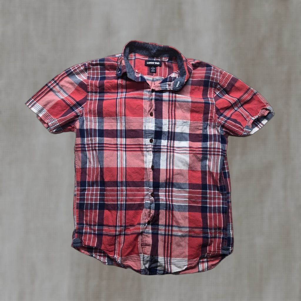 Lands' End Lands' End Shirt Men Button-Up Plaid Short Sleeve Red Cotton Adult S Small 14 14.5 Classic Preppy Button-Down Mens Size US S / EU 44-46 / 1 - 1 Thumbnail