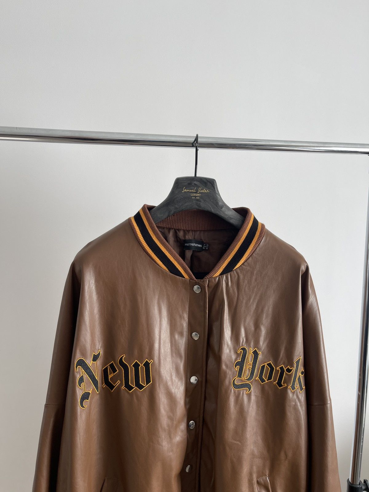 PrettyLittleThing Brown Faux Leather Varsity jacket with NEW YORK spelled out Size 3XL / US 20-22 - 4 Thumbnail
