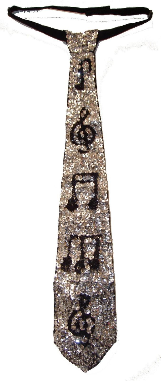 Designer Sequin Neck Tie SILVER w/BLACK MUSIC Notes Adult Unisex Size ONE SIZE - 1 Preview