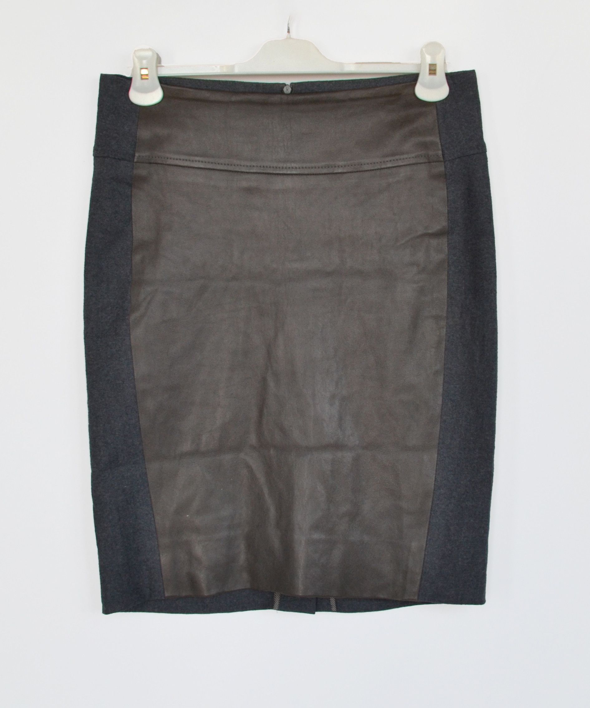 Brunello Cucinelli BRUNELLO CUCINELLI Skirt Wool Leather Midi Brown Grey Size 28" / US 6 / IT 42 - 1 Thumbnail