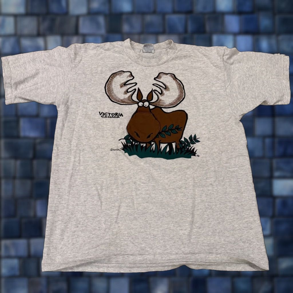 Vintage VINTAGE Moose Humor 90s Victoria Canada Mens XL T-Shirt Gray Short Sleeve Graphic Print Regular USA Mens Size US XL / EU 56 / 4 - 1 Thumbnail