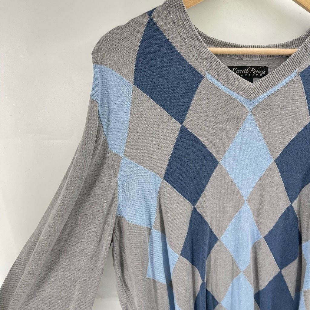 Other Kenneth Roberts Men’s Silk Blend Argyle V Neck Pullover Sweater Gray Blue Large Size US L / EU 52-54 / 3 - 7 Thumbnail