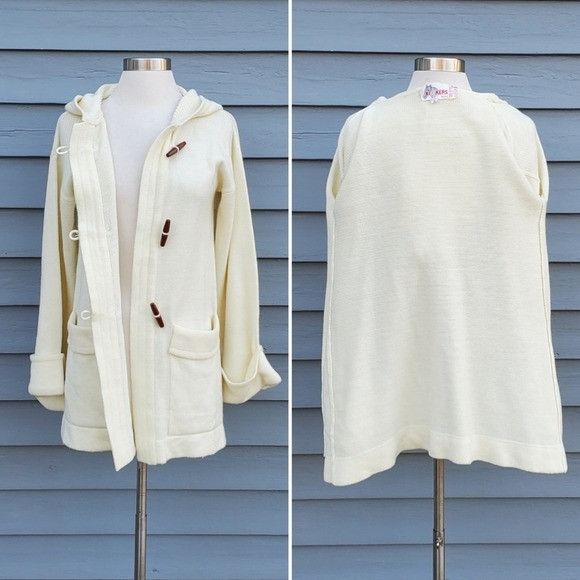 Vintage Vintage 70s Boho Hippie Cream Acrylic Knit Toggle Longline L Size M / US 6-8 / IT 42-44 - 3 Thumbnail