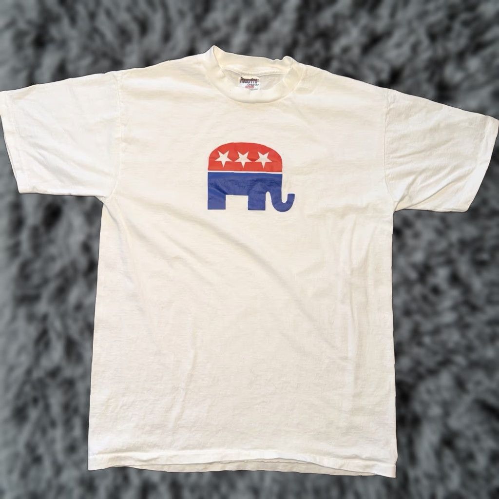 Logo 7 VINTAGE Republican Party Elephant Logo T-Shirt Single Stitch 90’s Men’s Large White Graphic Tee Mens GOP Logo Shirt Size US S / EU 44-46 / 1 - 1 Thumbnail
