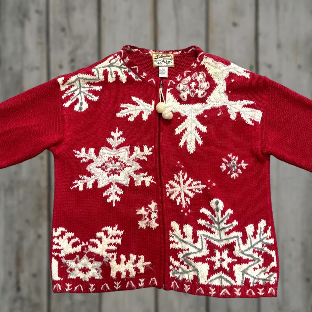 Vintage VINTAGE Heirloom Collectibles Red Snowflake Zip Up Sweater Cardigan Pom Pom Womens Large Size L / US 10 / IT 46 - 1 Thumbnail