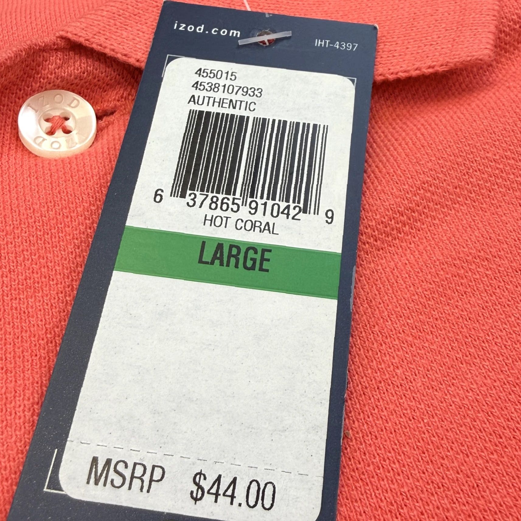 Izod Izod Polo Shirt Mens L Hot Coral 100% Cotton Short Sleeve Collared Solid Golf Casual Shirt Size US L / EU 52-54 / 3 - 7 Thumbnail