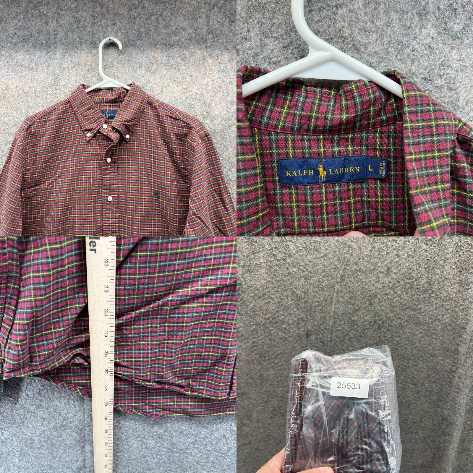 Polo Ralph Lauren VINTAGE Polo Ralph Lauren Shirt Men Large Adult Red Yellow Plaid Pony Button-Down Long Sleeve 46 in Chest Size US L / EU 52-54 / 3 - 8 Thumbnail