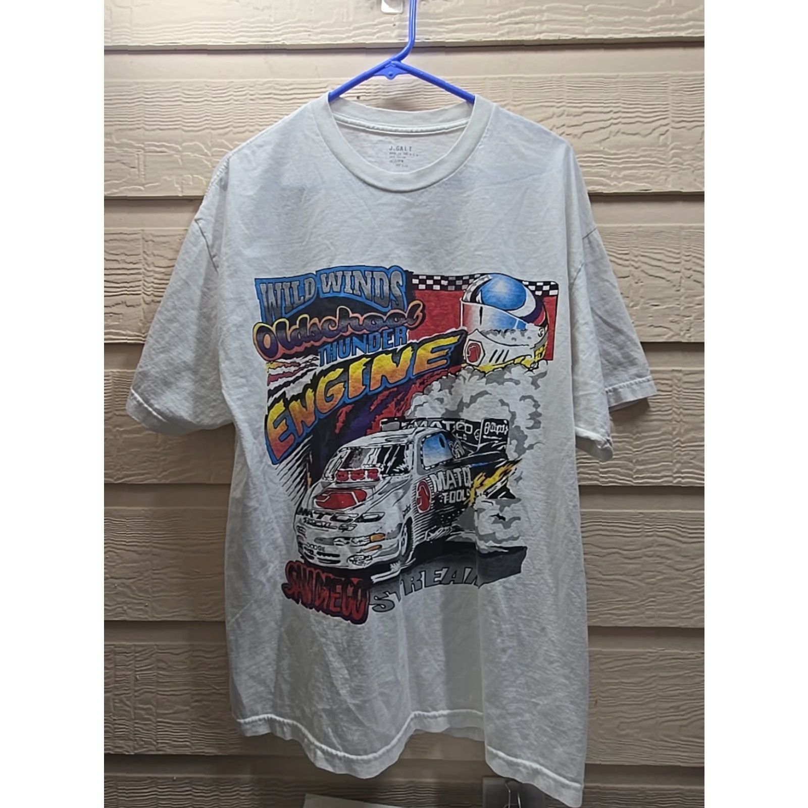 Vintage J Galt San Diego Wild Winds Oldschool Thunder Engine Car Racing T-Shirt One Size White Cotton Unisex Adults Short Sleeve Crew Neck Regular Fit Size US M / EU 48-50 / 2 - 2 Thumbnail
