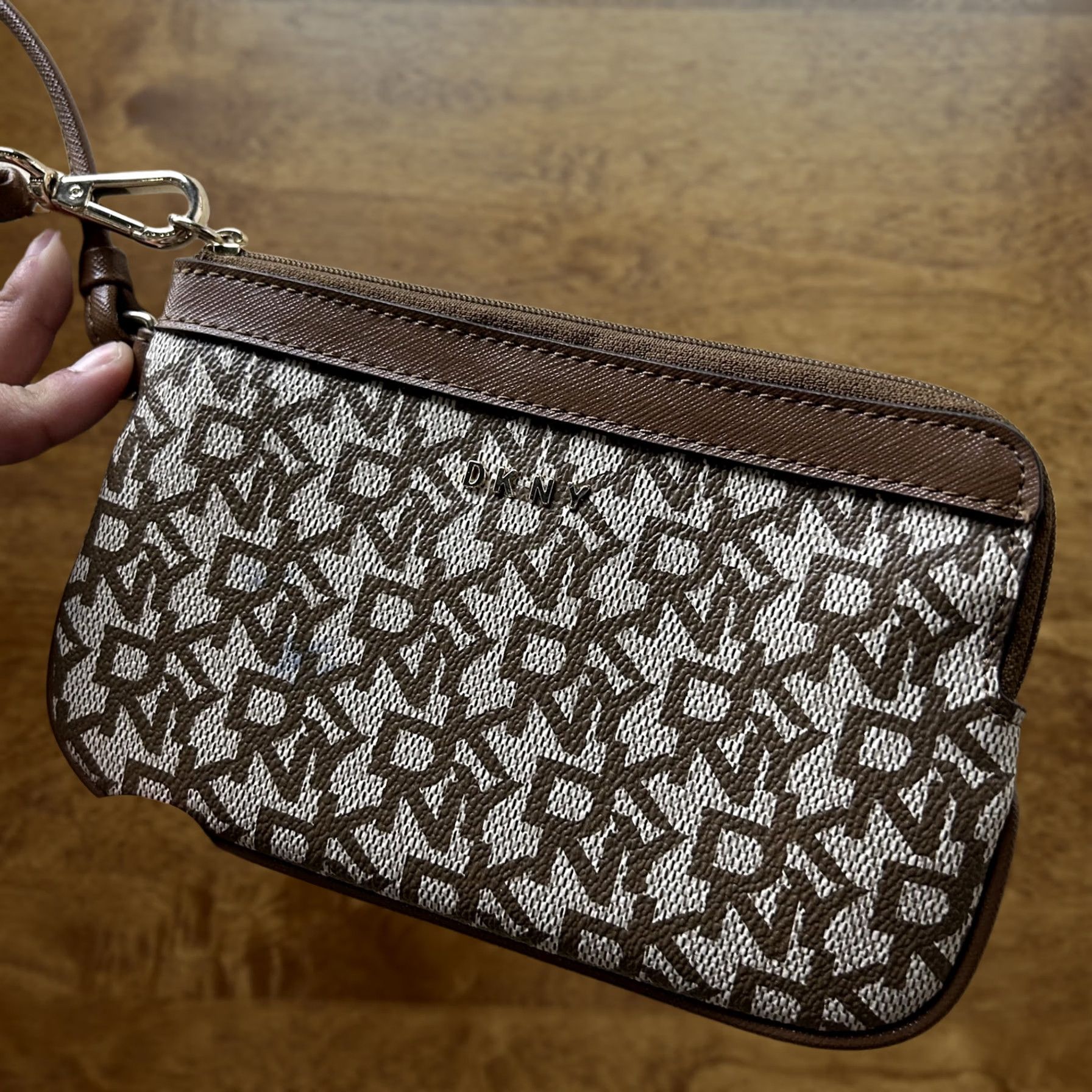DKNY DKNY Clutch Bag Womens Small Brown Logo Canvas Leather Zip Wristlet Pouch Size ONE SIZE - 1 Thumbnail