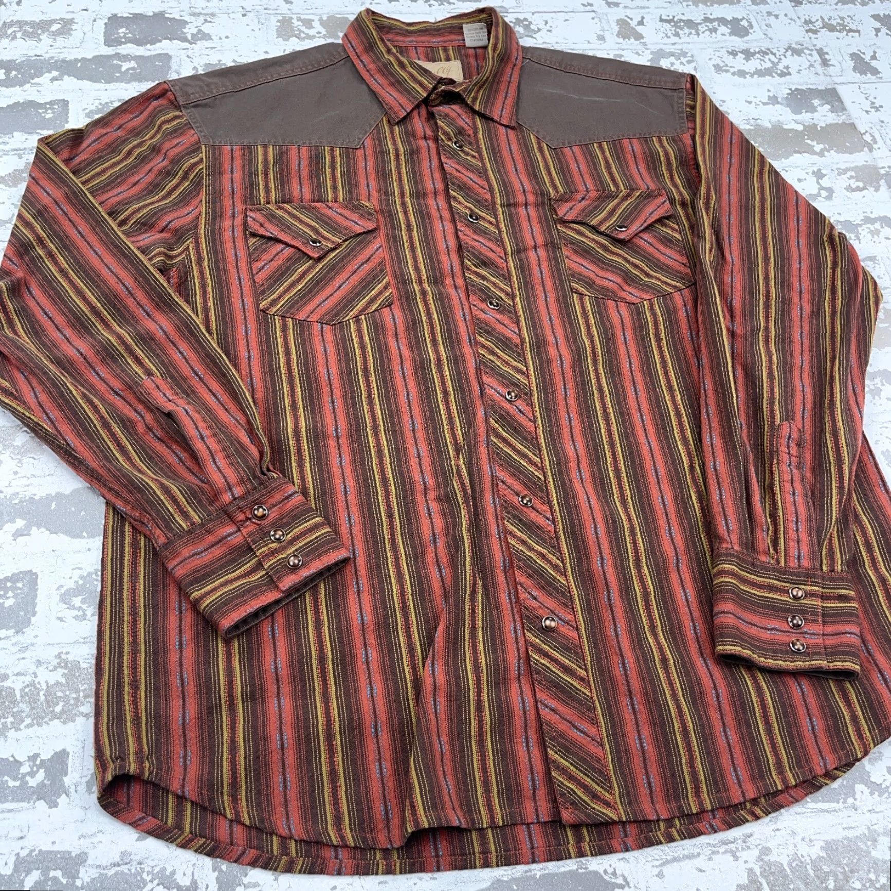Scully VINTAGE Scully Shirt Men Large Orange Brown Striped Pearl Snap Cowboy South Western Yoke Shirt Mens Large Orange Brown Striped Snap-Front Western - Size US L / EU 52-54 / 3 - 4 Thumbnail