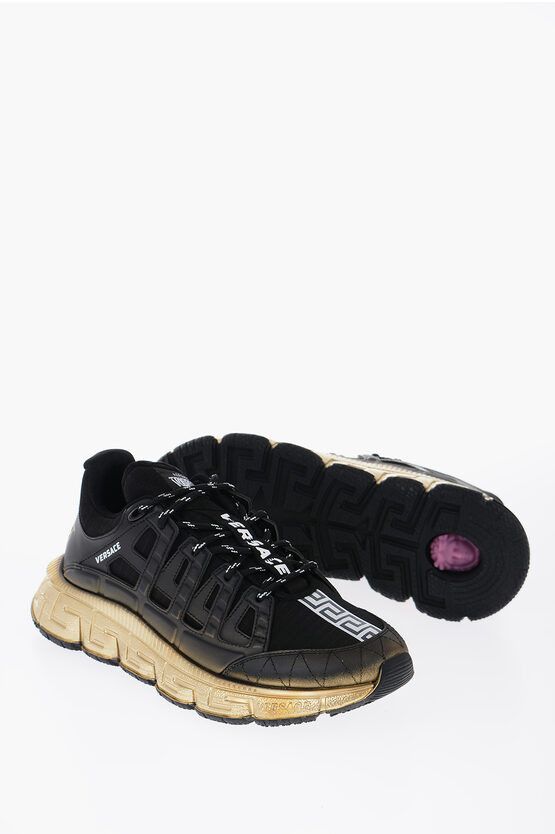 image of Versace Low-Top Sneakers With Trigreca And Metallized Outsole in Black, Men's (Size 8)