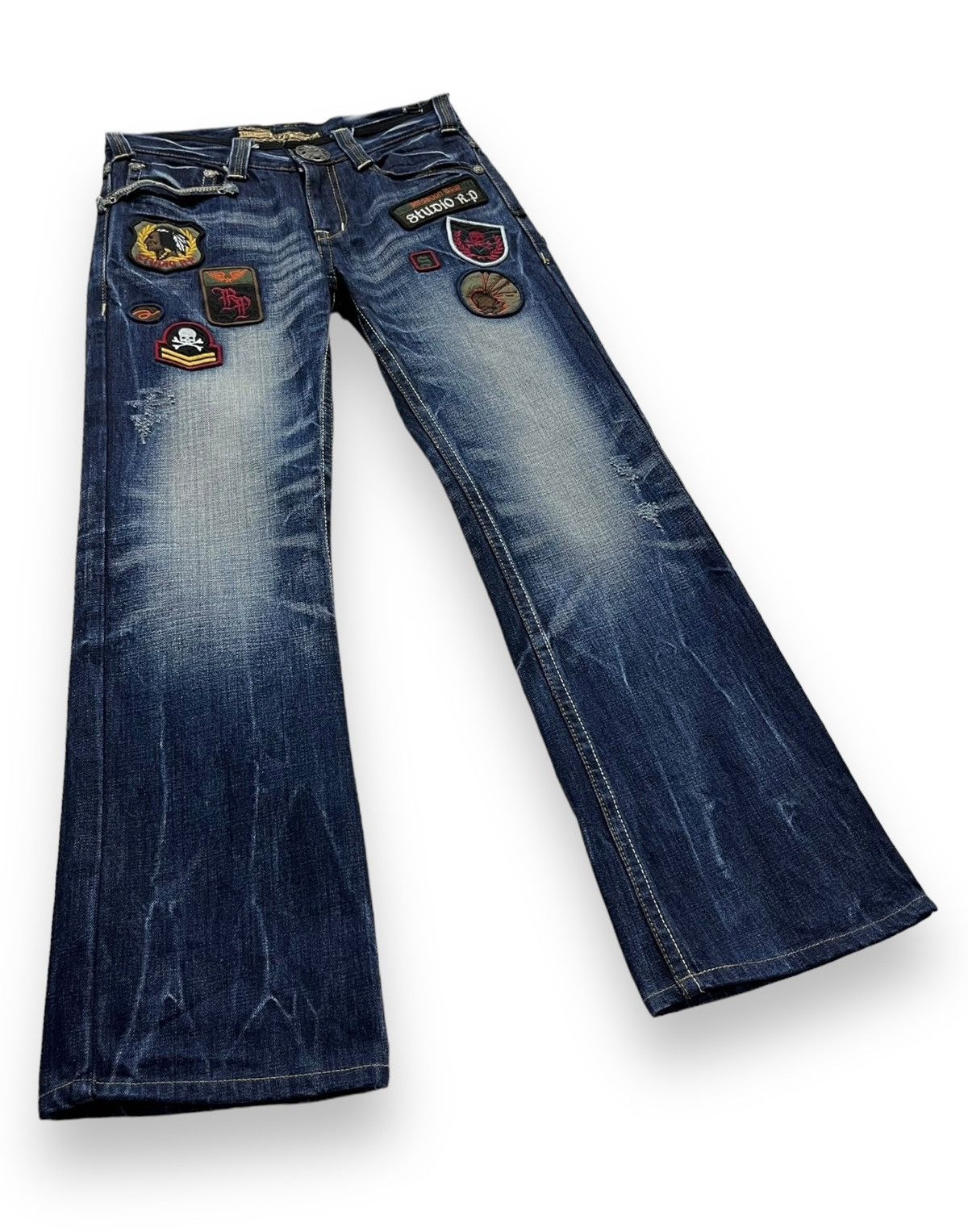 STUDIOUS FYE🔥STUDIO RP Punk Skull Patches Whiskered Blue Flare Denim Size US 28 / EU 44 - 8 Thumbnail
