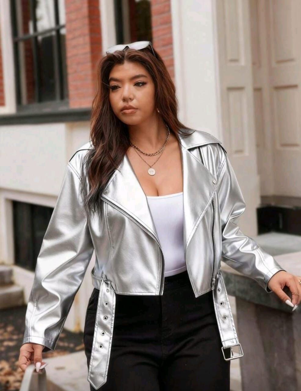 Other Women’s Silver Faux Leather Biker Jacket – Cropped Fit ✨🔥 Size M / US 6-8 / IT 42-44 - 6 Thumbnail