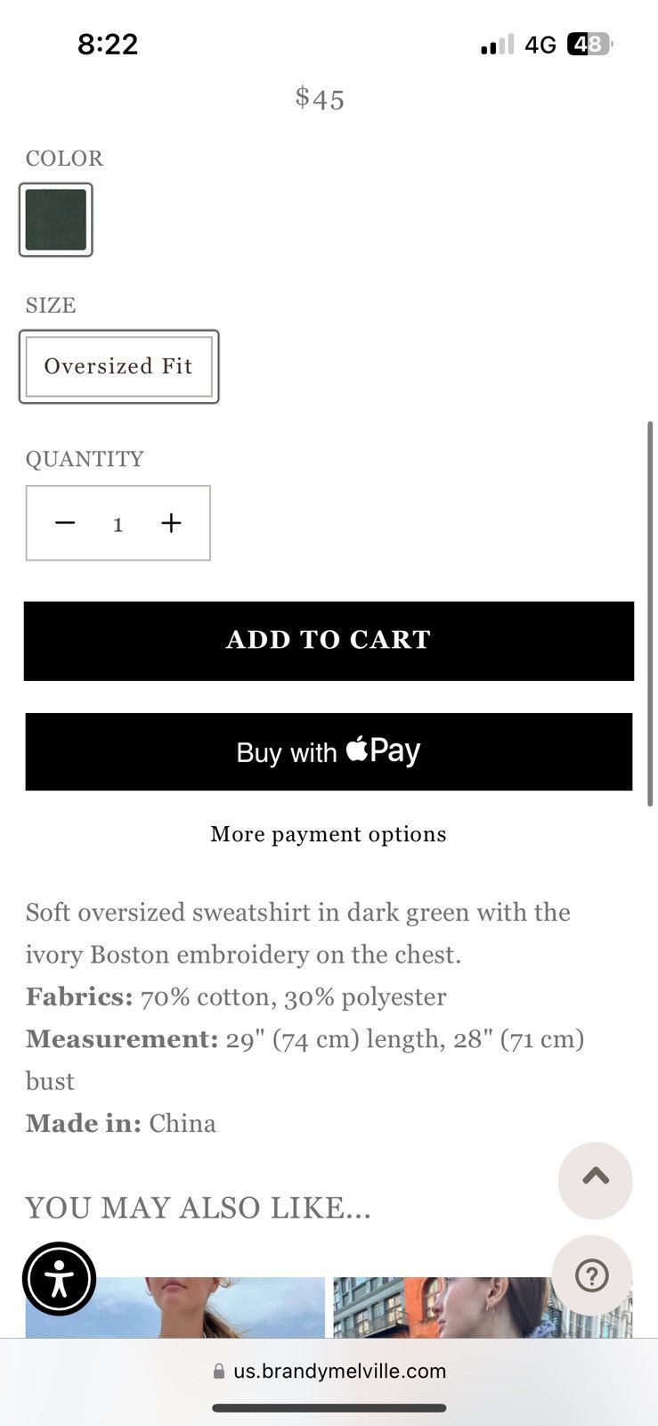 Brandy Melville John Galt Green Boston Sweatshirt Size ONE SIZE - 2 Thumbnail