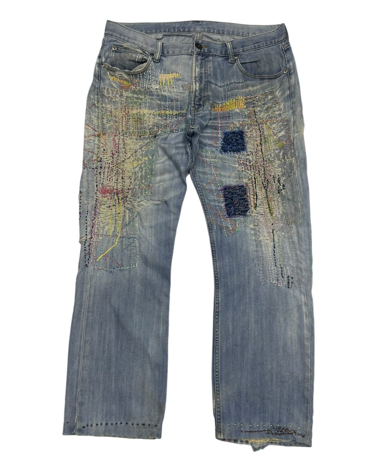 Beauty Beast VINTAGE CLOSSHI HAND KNIT DISTRESSED DENIM JEANS Size US 35 - 7 Thumbnail