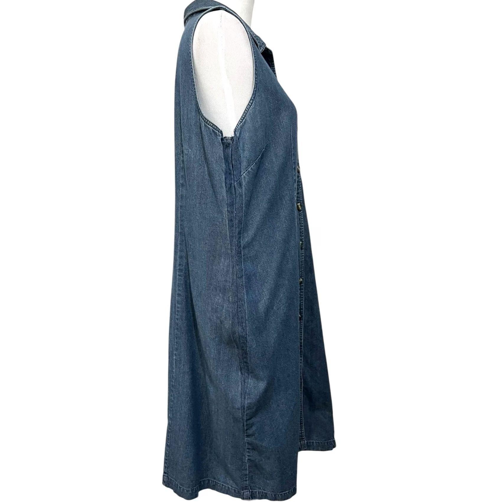 Basic Editions VINTAGE Basic Editions Denim Midi Dress Womens 16 Blue Cotton 100% Button Collared Sleeveless Shirt Dress Size 38" / US 16 / IT 52 - 5 Thumbnail
