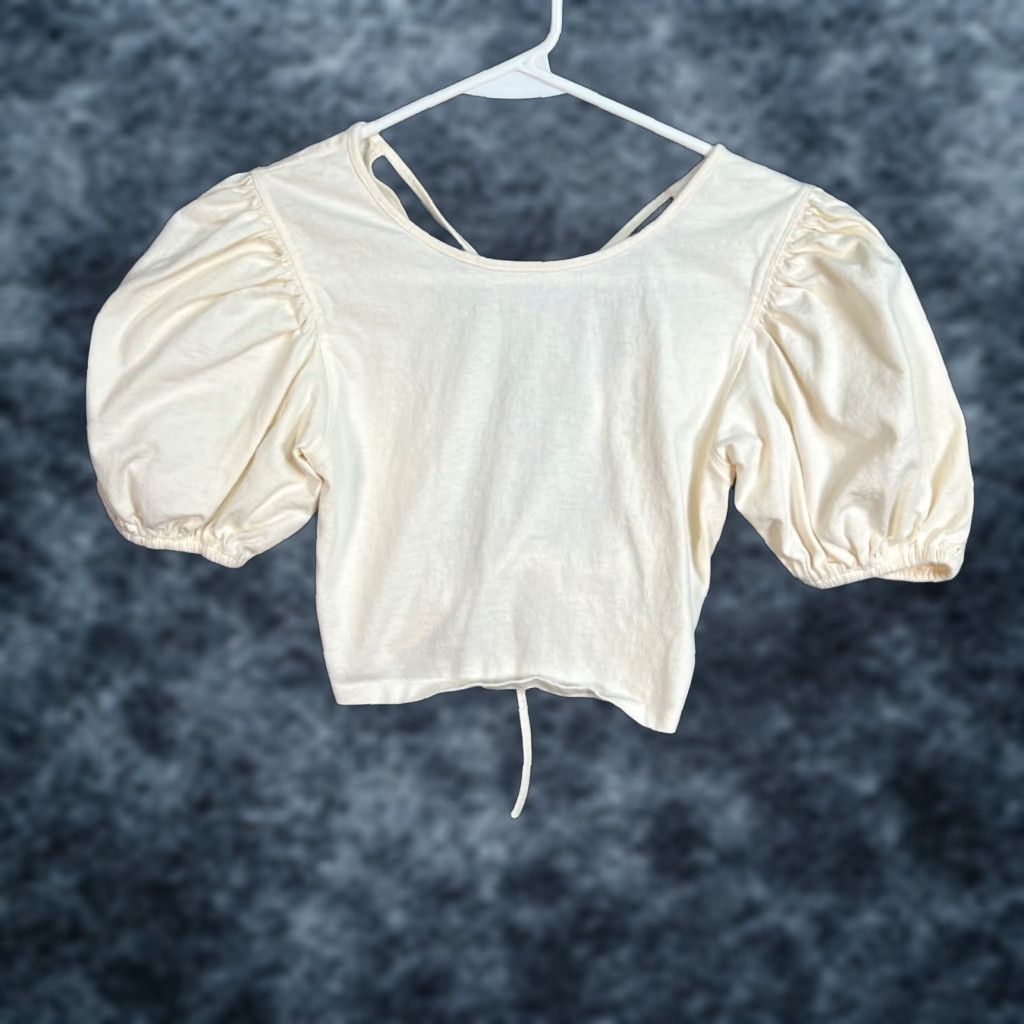 Vintage Sunday Best Womens Small Cream Puff-Sleeve Cropped Top 100% Cotton Shirt Child or Adult? Size S / US 4 / IT 40 - 1 Thumbnail