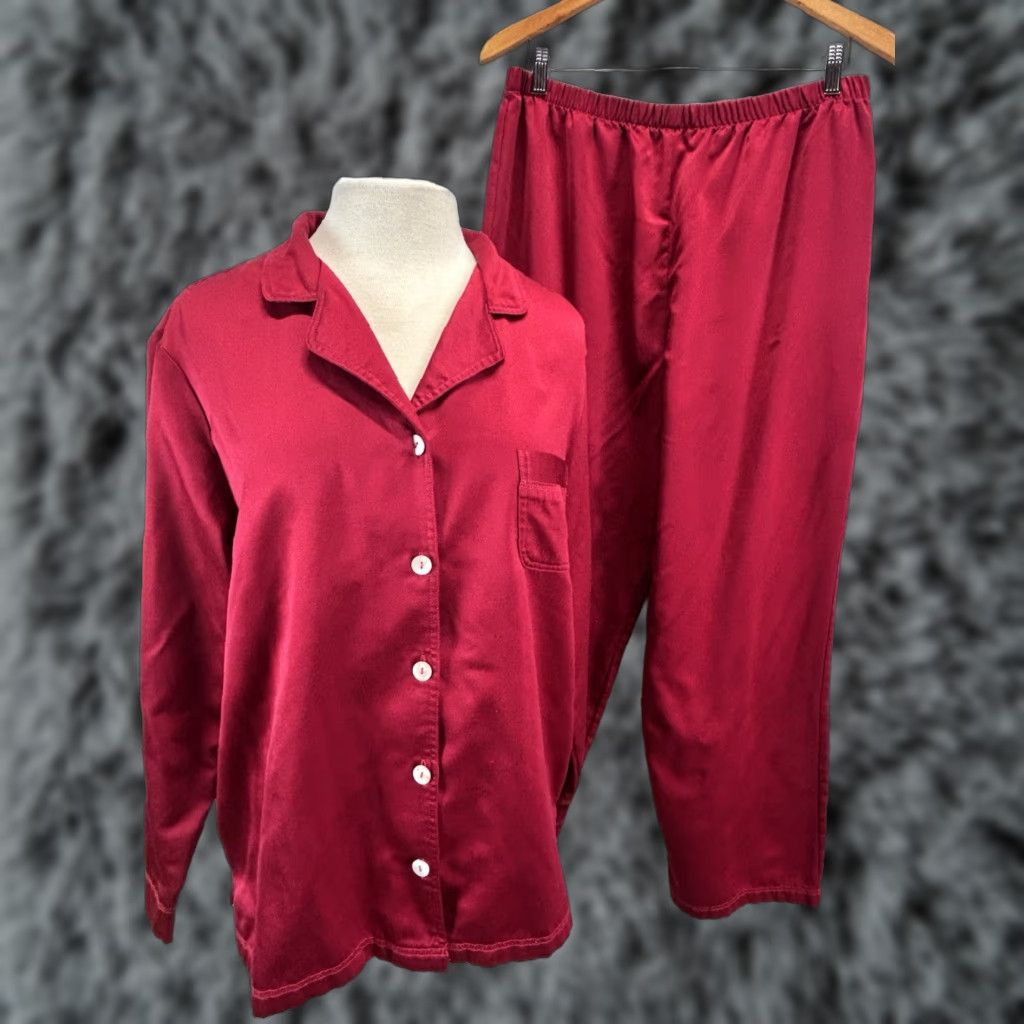 Vintage Appleseeds 2 Pc Red Satin Pajama Set Sz Large Women’s Shirt Pants READ Size L / US 10 / IT 46 - 1 Thumbnail
