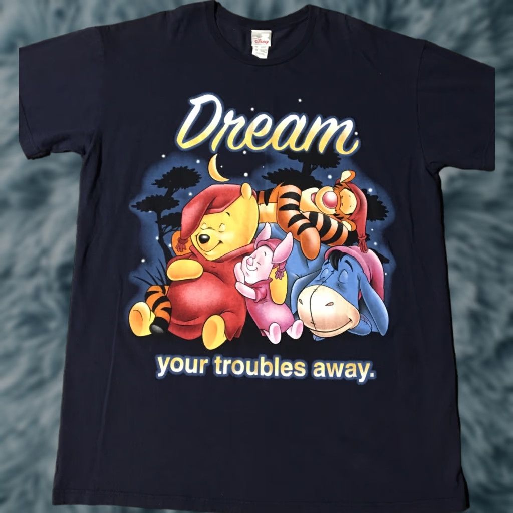 Disney VINTAGE 90s Pooh Dream Your Troubles Away Sleeping Shirt Disneyland Tigger Piglet Disney Unisex Adults One Size Short Sleeve Navy Blue Pooh T-Shirt Size US M / EU 48-50 / 2 - 1 Thumbnail