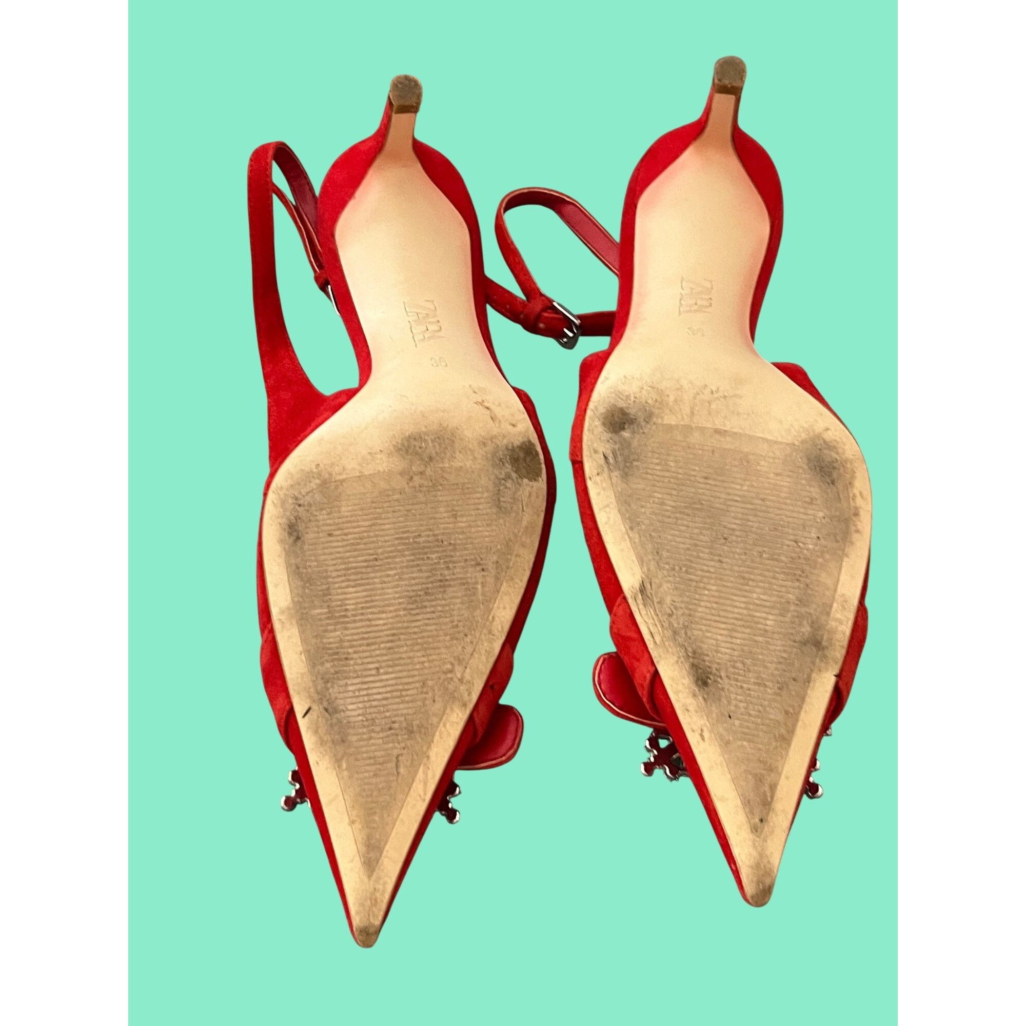 Zara Red Suede Pointed Toe Slingback Heels With Crystal Buckle Za Size US 6.5 / IT 36.5 - 5 Thumbnail